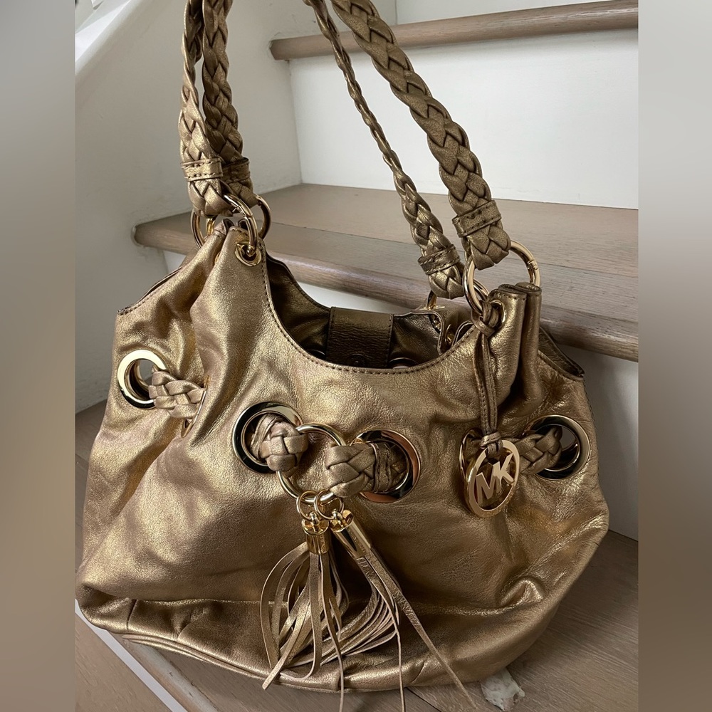 Michael Kors Gold Braided Leather Grommet Large
Shoulder Bag